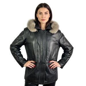 MIX Black Leather Fur Hooded Coat Jacket Women's Large